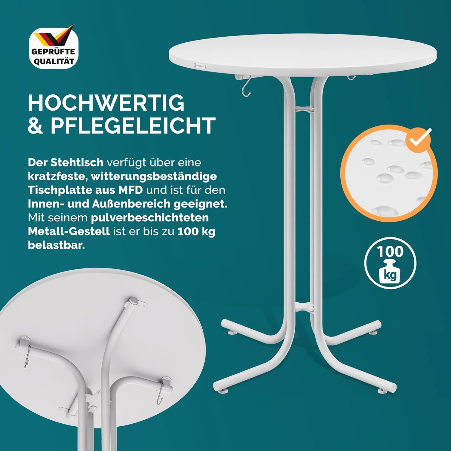 Casaria® Stehtisch Klappbar Outdoor Gastro Bistrotisch 2X Haken Ø 80 cm Rund Witterungsbeständig Weiß Bartisch pulverbeschichtet Metall MDF — Ansicht 4