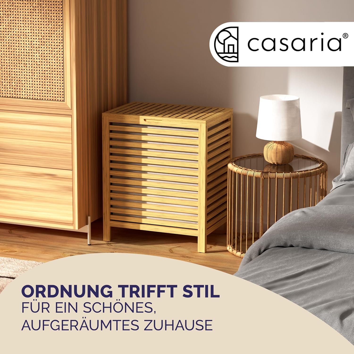 CASARIA® Wäschekorb mit Deckel Bambus Holz 70L Groß Wäschesammler Wäschesack Herausnehmbar Baumwolle 62x51x36cm Schmal Wäschebox Wäschetonne Badzimmer — Ansicht 2