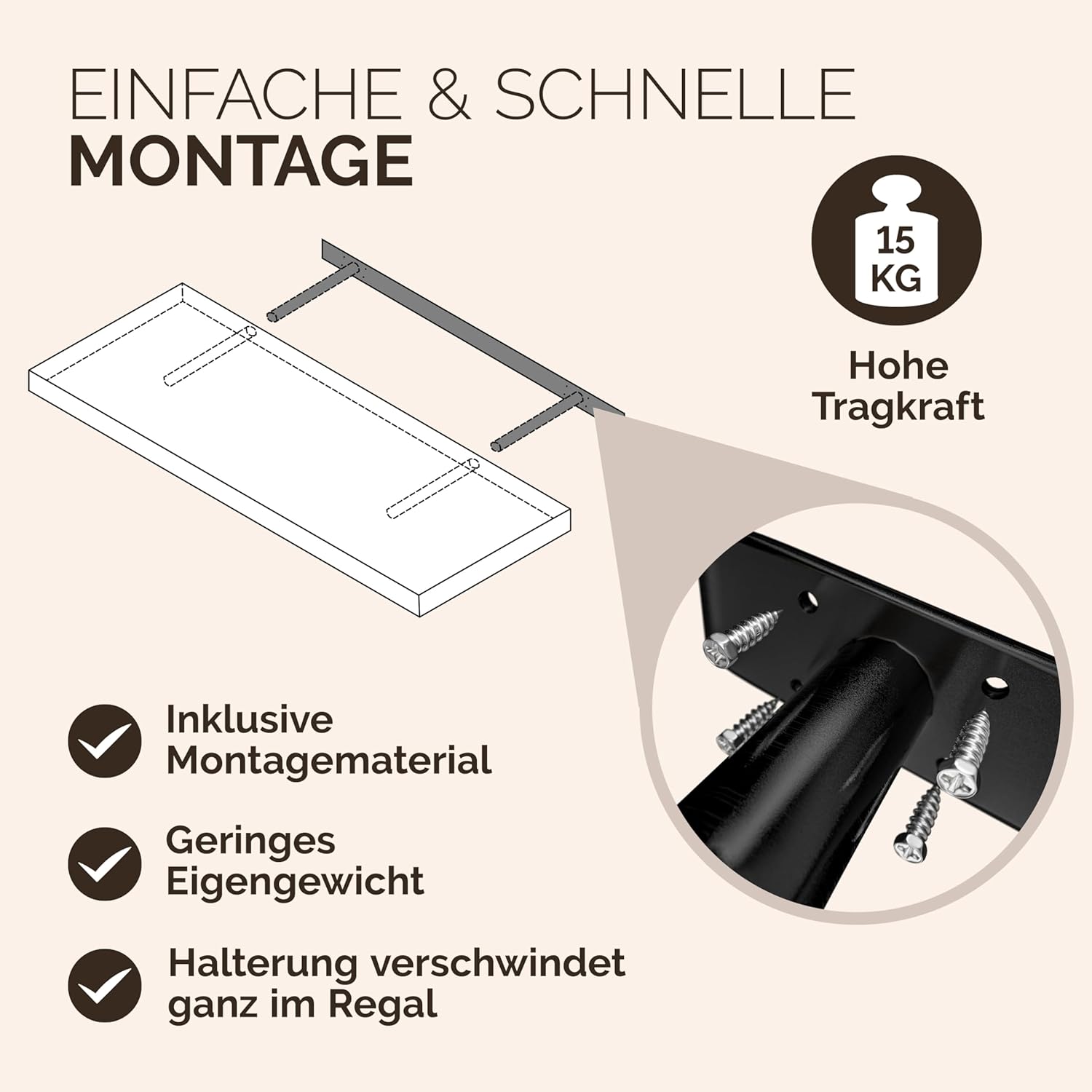 Casaria® Wandregal Holz Dunkle Eiche Regal mit Halterung 15kg Tragkraft Hängeregal Küche Wohnzimmer Flur Wand Schweberegal Bücherregal Regalbrett Schwebend 50cm — Ansicht 5