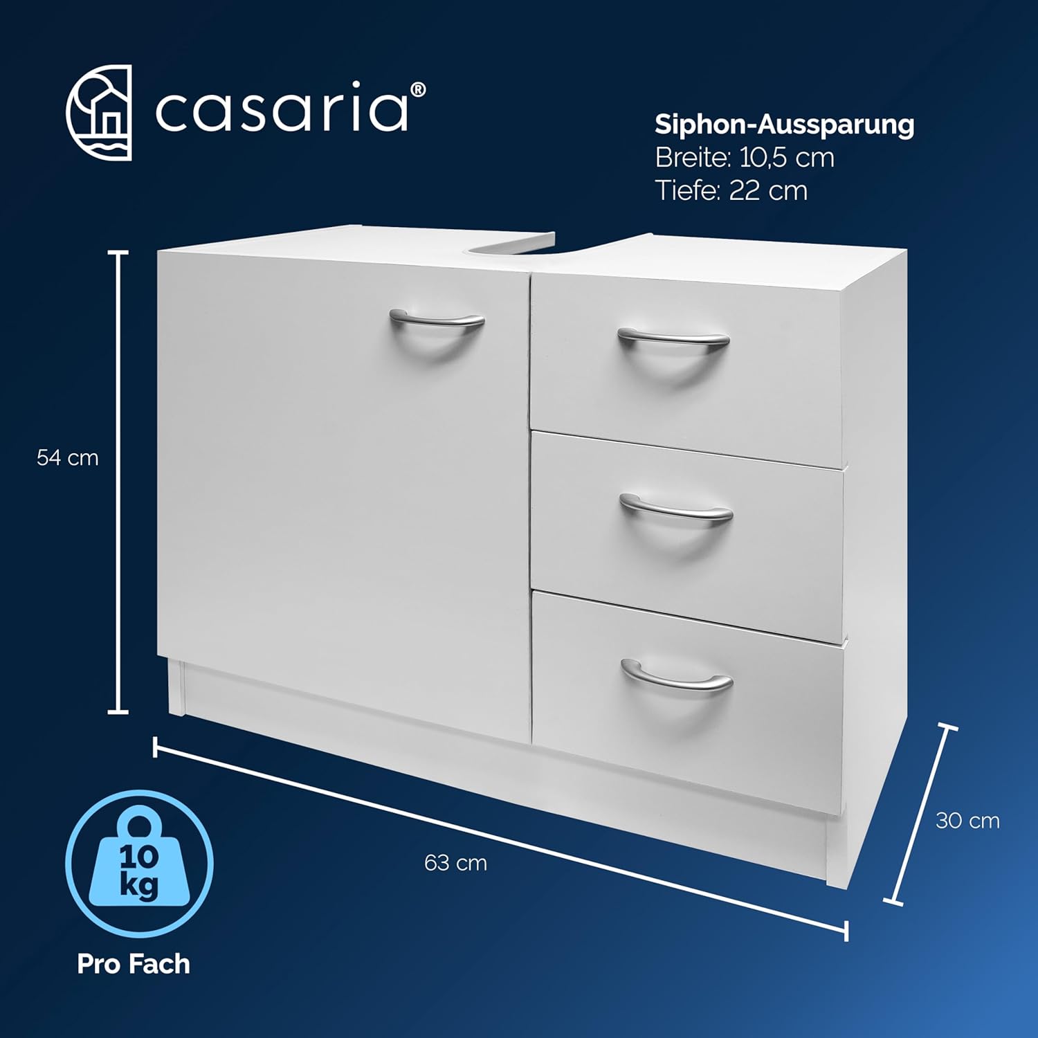 Casaria® Waschbeckenunterschrank mit 3 Schubladen Holz Weiß Waschbecken Unterschrank 63x30x54cm Bad Waschtischunterschrank Schmal Stehend Badezimmer — Ansicht 2