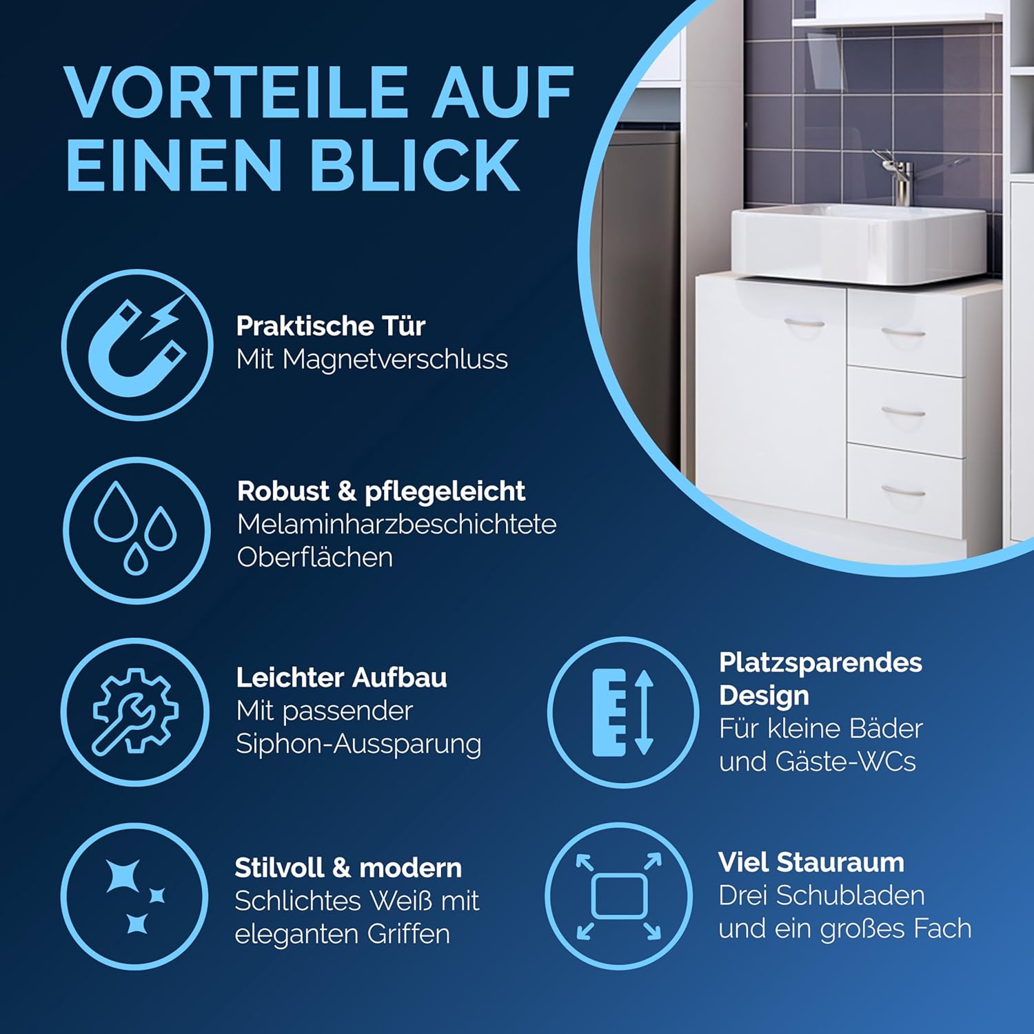 Casaria® Waschbeckenunterschrank mit 3 Schubladen Holz Weiß Waschbecken Unterschrank 63x30x54cm Bad Waschtischunterschrank Schmal Stehend Badezimmer — Ansicht 6
