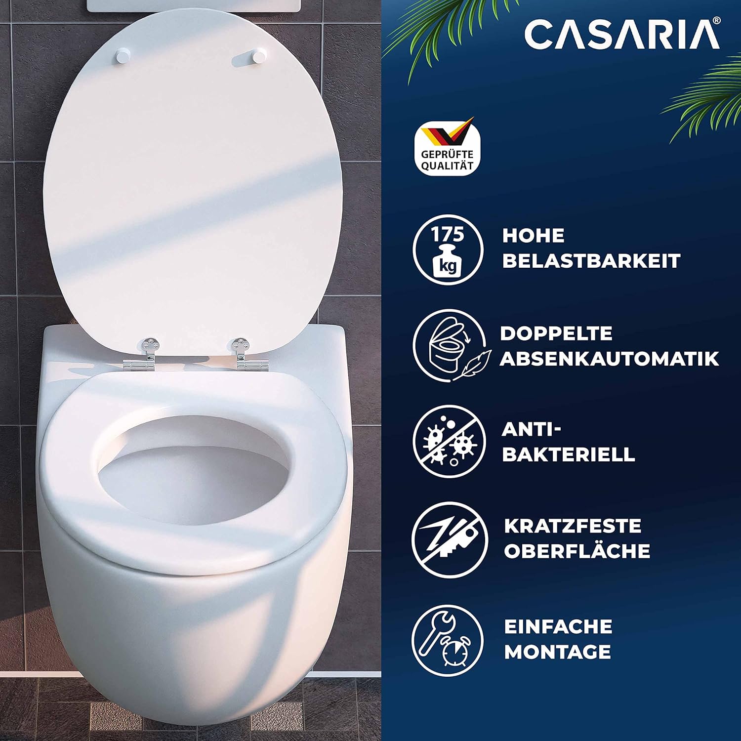 CASARIA® WC Sitz Doppelte Absenkautomatik MDF Holzkern hygienisch Rostfreie Scharniere 175kg Bad Toilettendeckel Toilettensitz Klodeckel Weiß — Ansicht 2