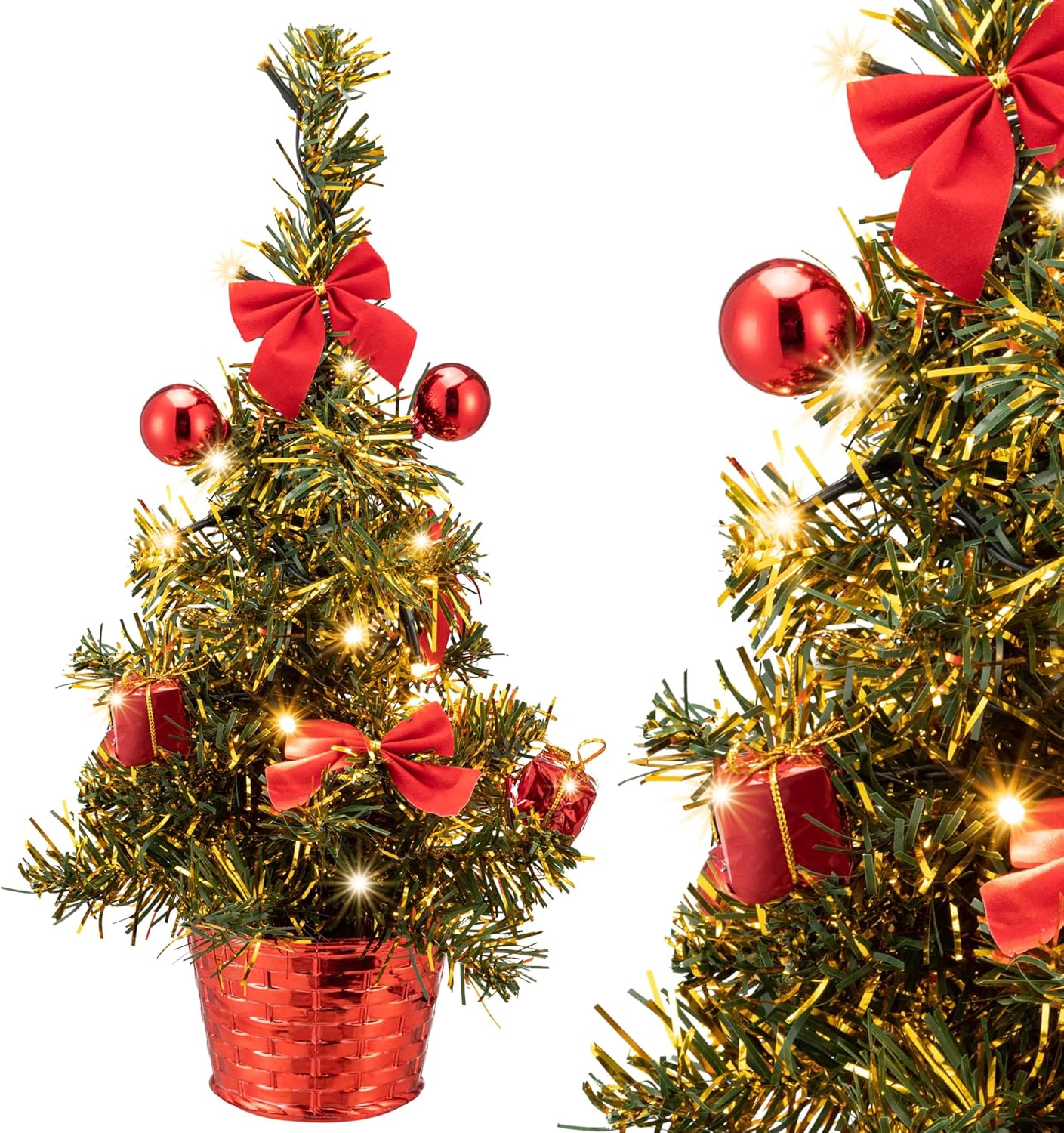CASARIA® Weihnachtsbaum künstlich 36cm Klein Tisch geschmückt mit Beleuchtung LED Lichterkette Timer Topf schwer entflammbar Deko grün mini Tannenbaum