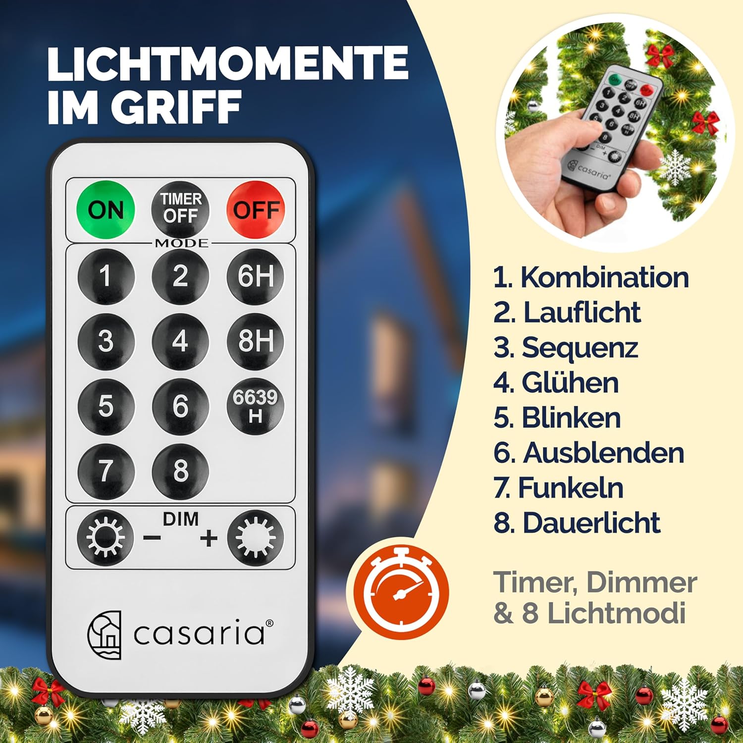 CASARIA Weihnachtsgirlande Beleuchtet Deko Fernbedienung 5m 80 LED Timer Dimmbar 8 Leuchtmodi Außen Weihnachtsdeko Weihnachten Girlande Tannengirlande — Ansicht 3