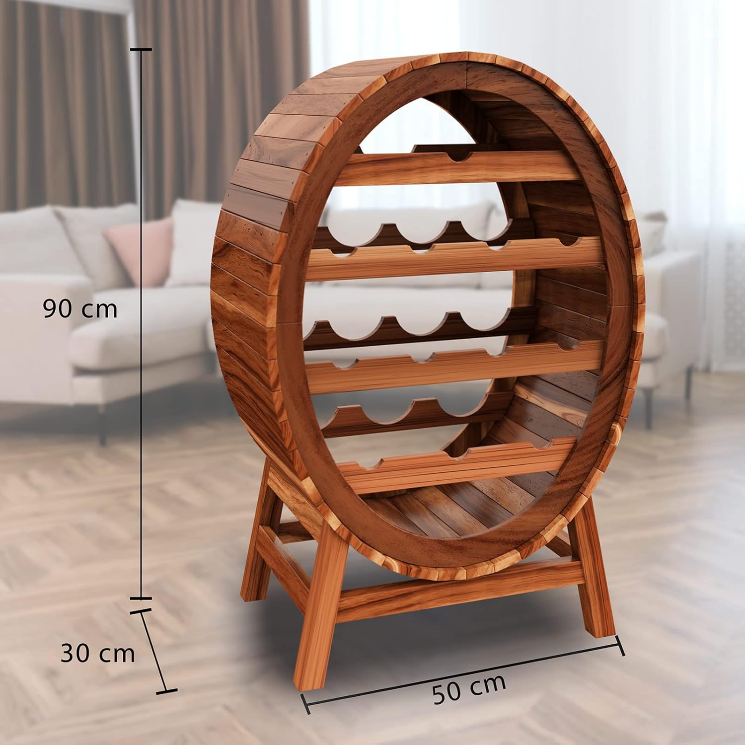 Casaria® Weinregal Fass 12 Flaschen Akazie Massiv Holz Rustikal 90x50x30cm Stehend Keller Küche Wohnzimmer Bar Weinfass Flaschenregal Weinständer Regal — Ansicht 6